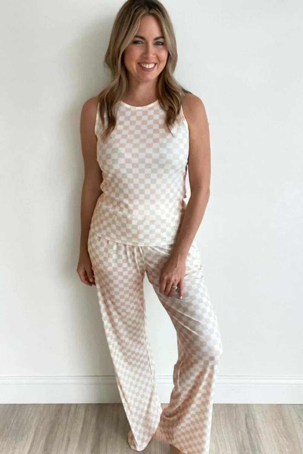 Fashion Dear-Lover Ribbed Texture Checkered Print 2pcs Tank and Pants Set White