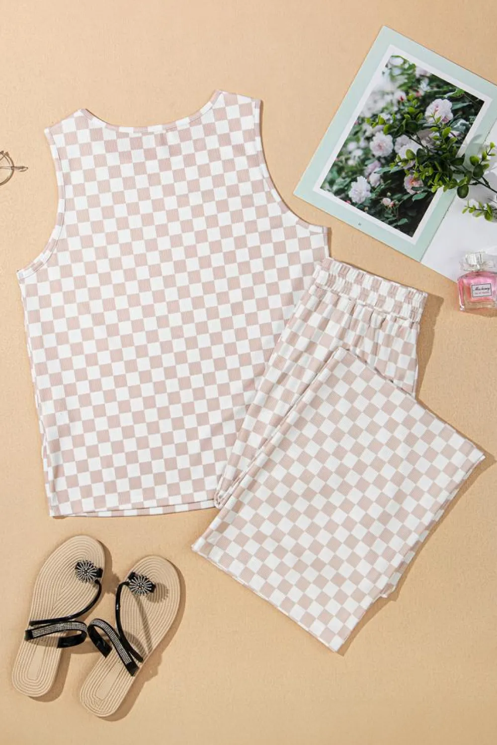 Fashion Dear-Lover Ribbed Texture Checkered Print 2pcs Tank and Pants Set White