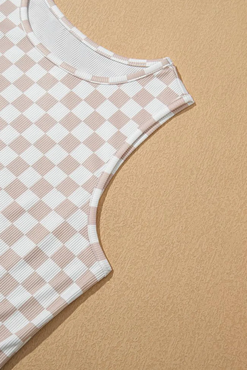 Fashion Dear-Lover Ribbed Texture Checkered Print 2pcs Tank and Pants Set White