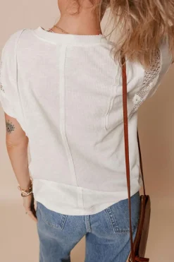 Outlet Dear-Lover Ribbed Texture Lace Patchwork Short Sleeve Top White