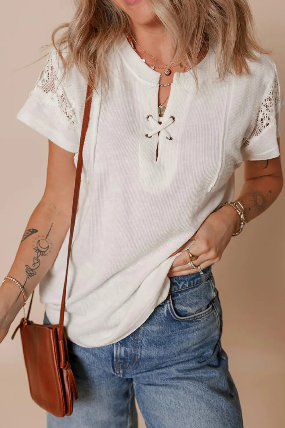 Outlet Dear-Lover Ribbed Texture Lace Patchwork Short Sleeve Top White