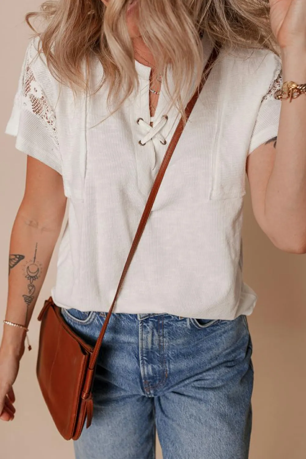 Outlet Dear-Lover Ribbed Texture Lace Patchwork Short Sleeve Top White