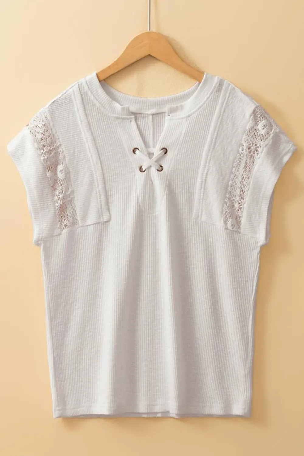 Outlet Dear-Lover Ribbed Texture Lace Patchwork Short Sleeve Top White
