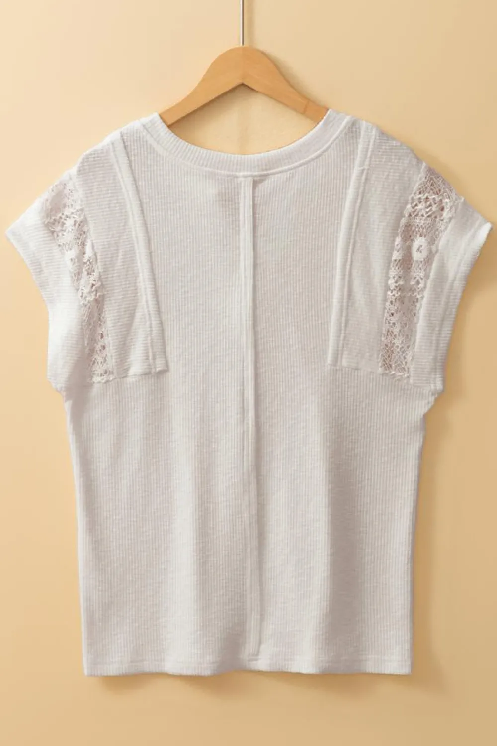 Outlet Dear-Lover Ribbed Texture Lace Patchwork Short Sleeve Top White