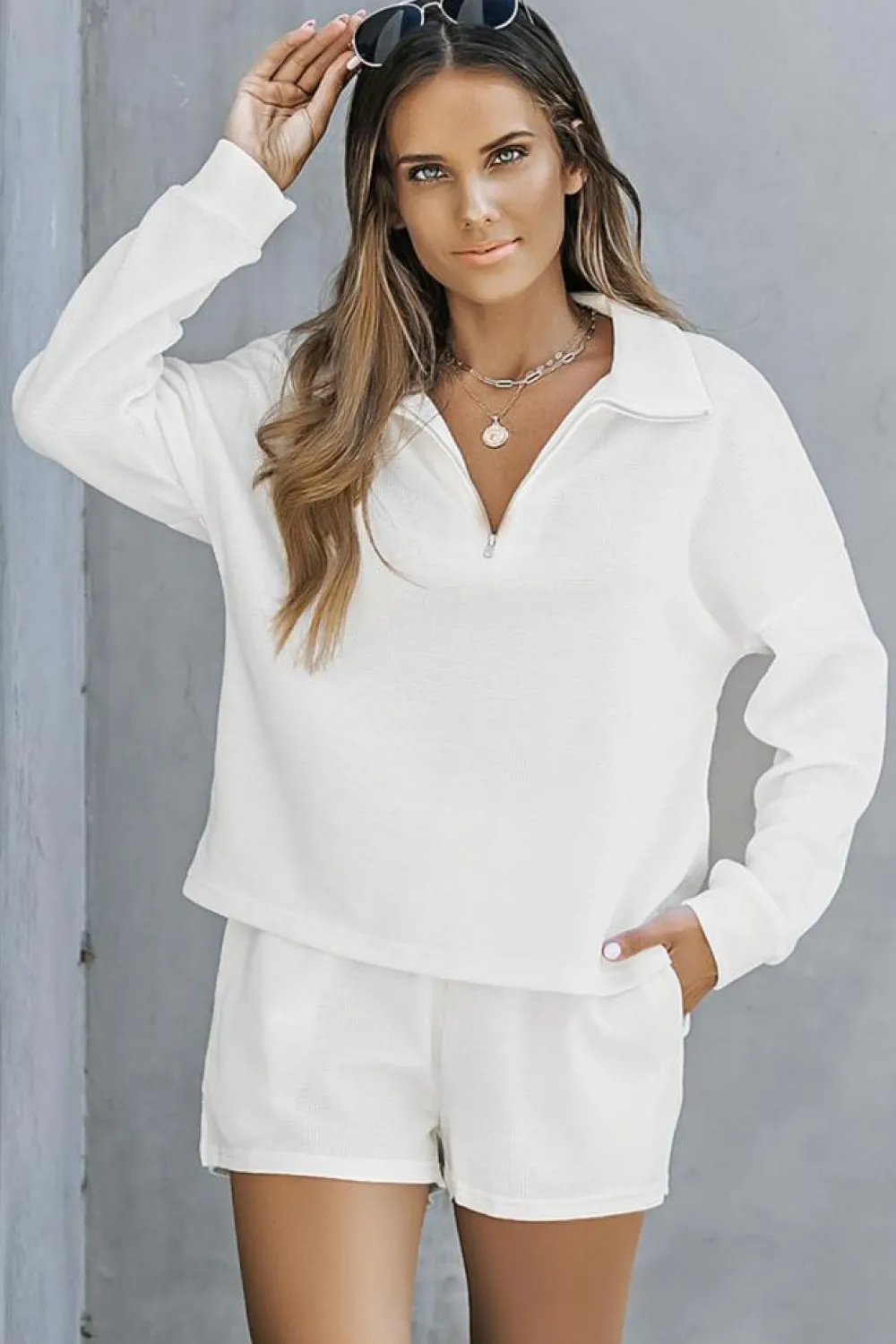 Hot Dear-Lover Ribbed Zipper Sweatshirt and High Waist Shorts Set White