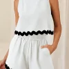 Hot Dear-Lover Ricrac Trim Tank Top Elastic Waist Shorts Set White