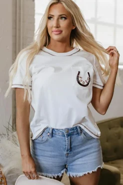 Hot Dear-Lover RODEO Horseshoe Embroidered Patch Pocket T Shirt White