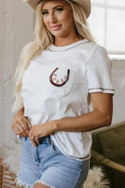 Hot Dear-Lover RODEO Horseshoe Embroidered Patch Pocket T Shirt White