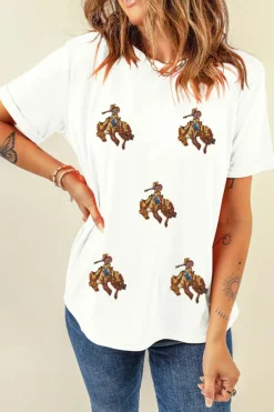 Sale Dear-Lover Rodeo Patched Graphic Casual Round Neck Tee White