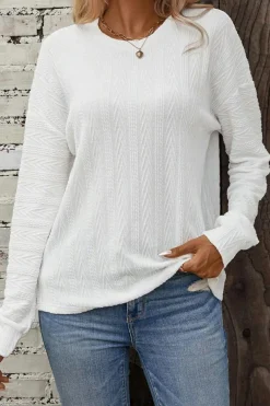 New Dear-Lover Round Neck Drop Shoulder Textured Knit Top White