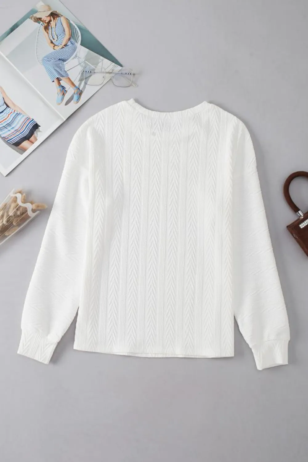 New Dear-Lover Round Neck Drop Shoulder Textured Knit Top White