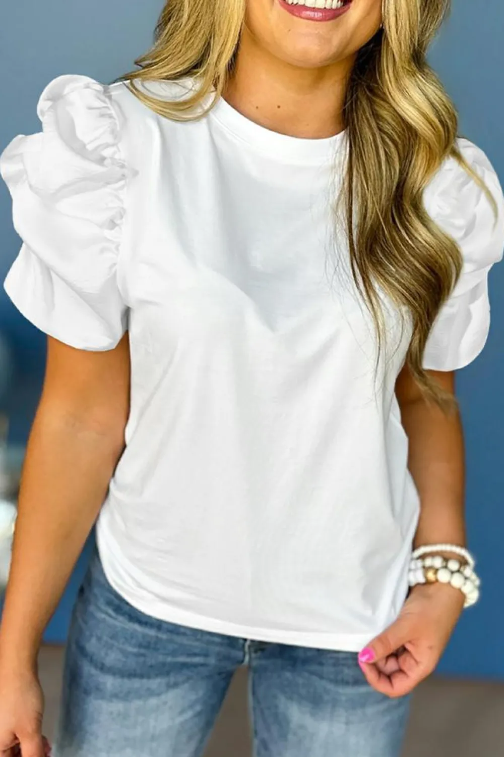 Sale Dear-Lover Ruched Puff Sleeve Crew Neck Tee White