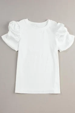 Sale Dear-Lover Ruched Puff Sleeve Crew Neck Tee White