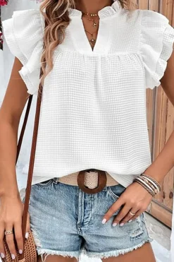Best Dear-Lover Ruffle Accent Flutter Sleeve Notch Neck Top White