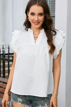 Best Dear-Lover Ruffle Accent Flutter Sleeve Notch Neck Top White