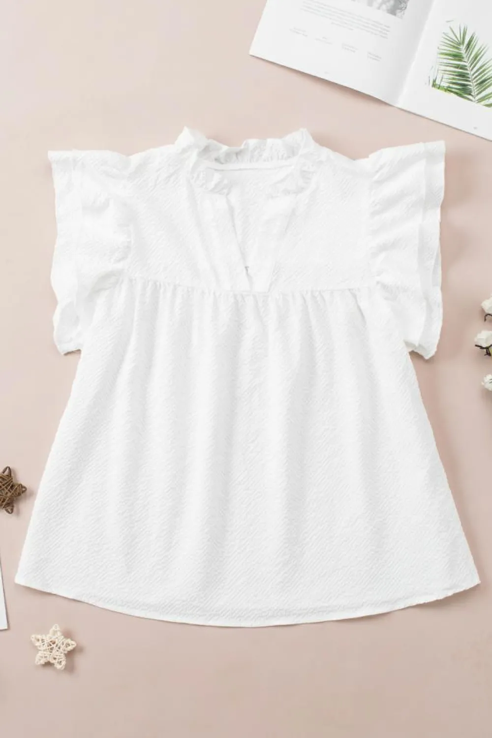 Best Dear-Lover Ruffle Accent Flutter Sleeve Notch Neck Top White