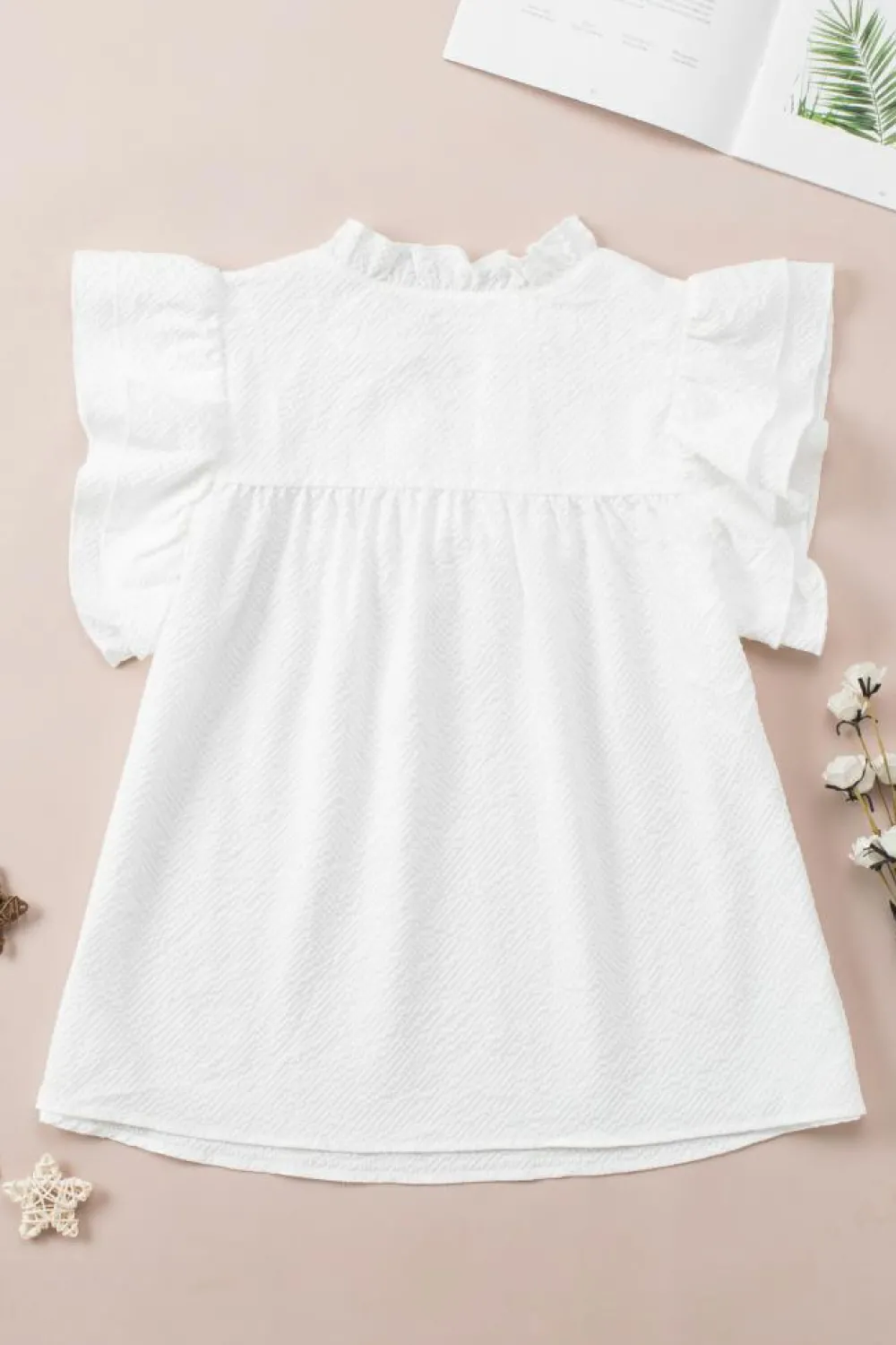 Best Dear-Lover Ruffle Accent Flutter Sleeve Notch Neck Top White