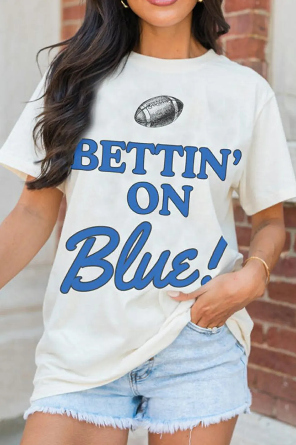 Clearance Dear-Lover Rugby Football BETTIN ON Blue Graphic Crewneck T Shirt White