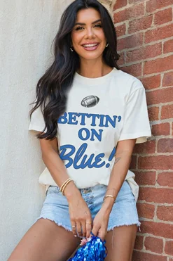 Clearance Dear-Lover Rugby Football BETTIN ON Blue Graphic Crewneck T Shirt White