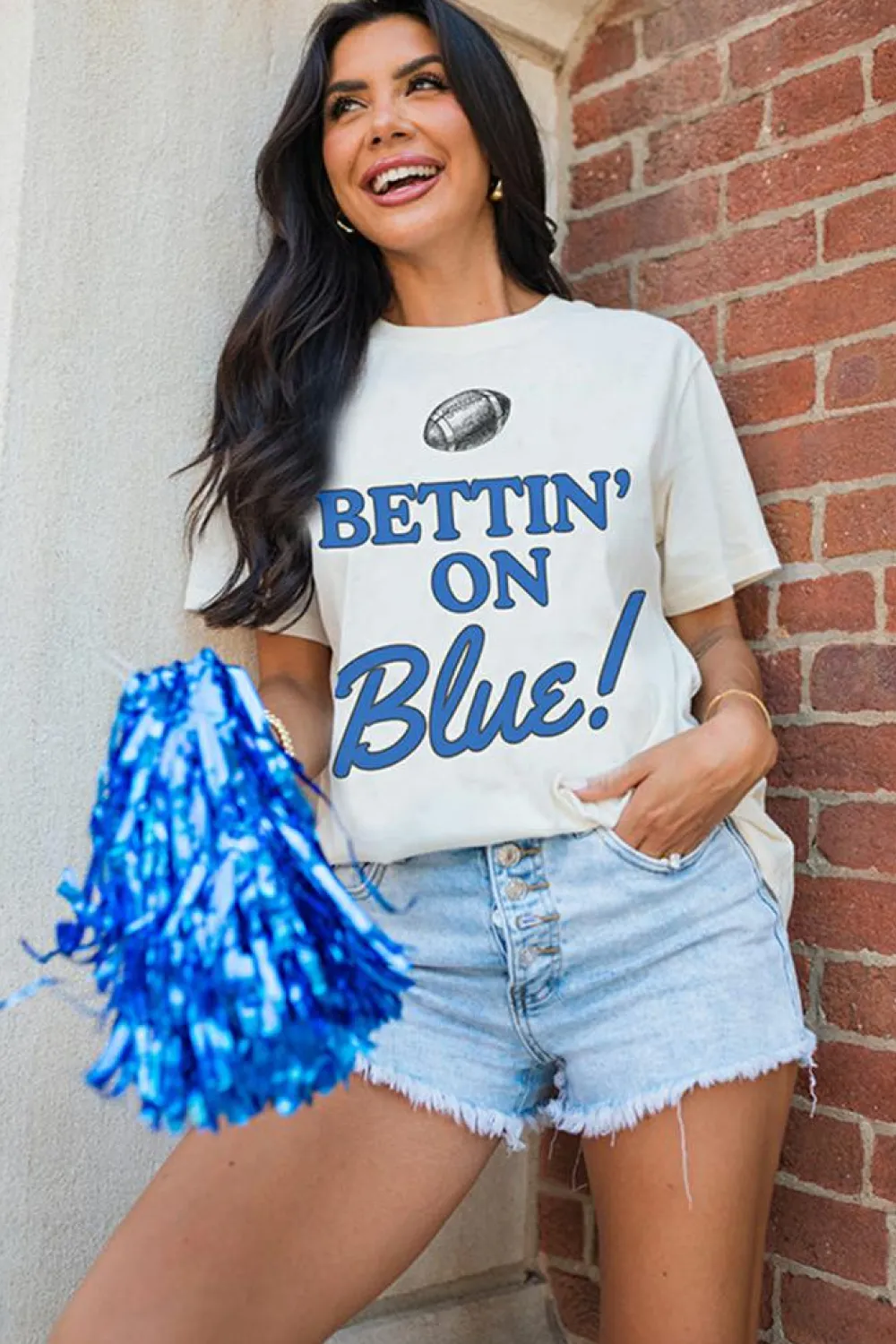 Clearance Dear-Lover Rugby Football BETTIN ON Blue Graphic Crewneck T Shirt White