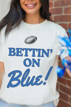 Clearance Dear-Lover Rugby Football BETTIN ON Blue Graphic Crewneck T Shirt White