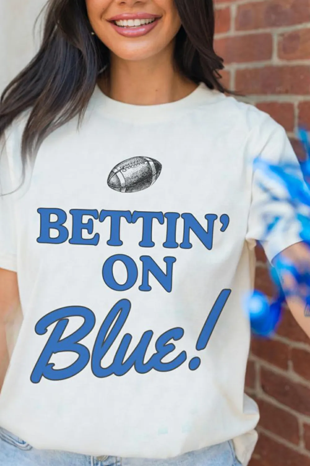 Clearance Dear-Lover Rugby Football BETTIN ON Blue Graphic Crewneck T Shirt White