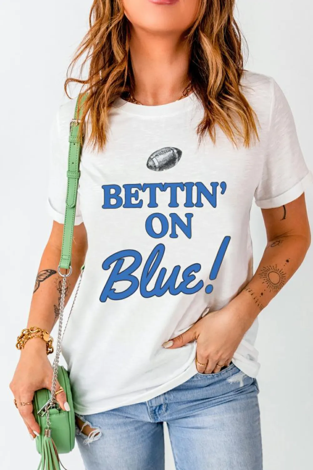 Clearance Dear-Lover Rugby Football BETTIN ON Blue Graphic Crewneck T Shirt White