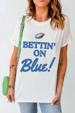 Clearance Dear-Lover Rugby Football BETTIN ON Blue Graphic Crewneck T Shirt White