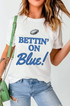 Clearance Dear-Lover Rugby Football BETTIN ON Blue Graphic Crewneck T Shirt White