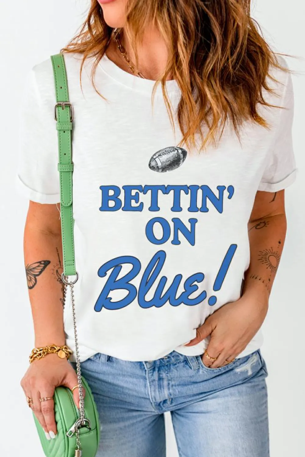 Clearance Dear-Lover Rugby Football BETTIN ON Blue Graphic Crewneck T Shirt White