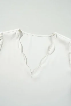 Clearance Dear-Lover Scalloped V Neckline Lace Hollowed Lantern Sleeve Blouse White