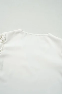 Clearance Dear-Lover Scalloped V Neckline Lace Hollowed Lantern Sleeve Blouse White