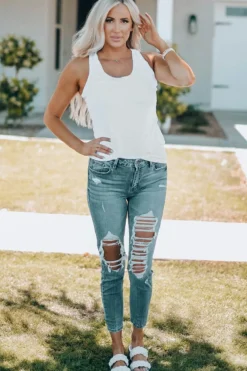 Clearance Dear-Lover Scoop Neck Basic Solid Tank Top White