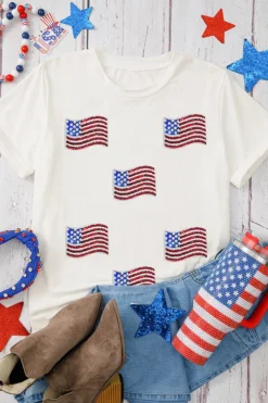 Sale Dear-Lover Sequin American Flag Patched Casual T Shirt White