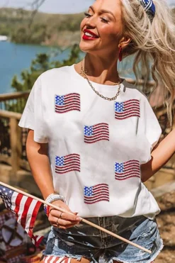 Sale Dear-Lover Sequin American Flag Patched Casual T Shirt White