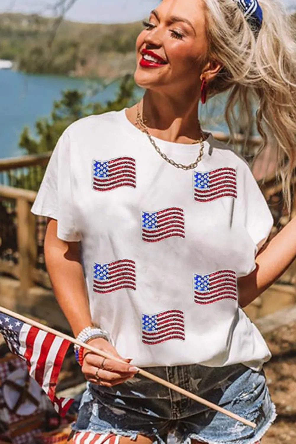 Sale Dear-Lover Sequin American Flag Patched Casual T Shirt White