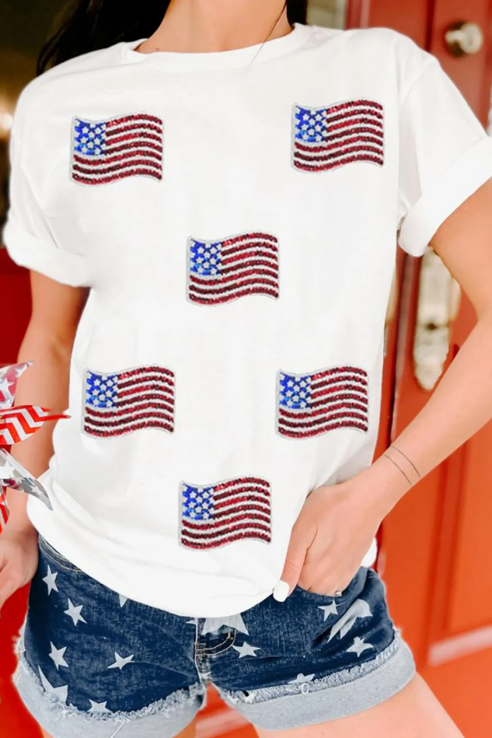 Sale Dear-Lover Sequin American Flag Patched Casual T Shirt White