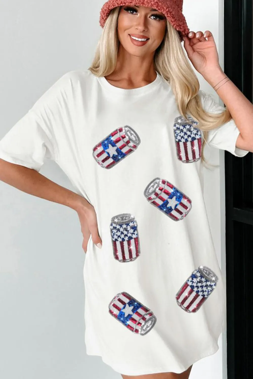 Outlet Dear-Lover Sequin American Flag Can Oversized Graphic Tee White