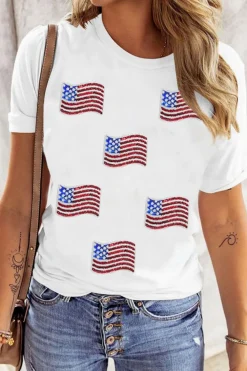 Sale Dear-Lover Sequin American Flag Patched Casual T Shirt White
