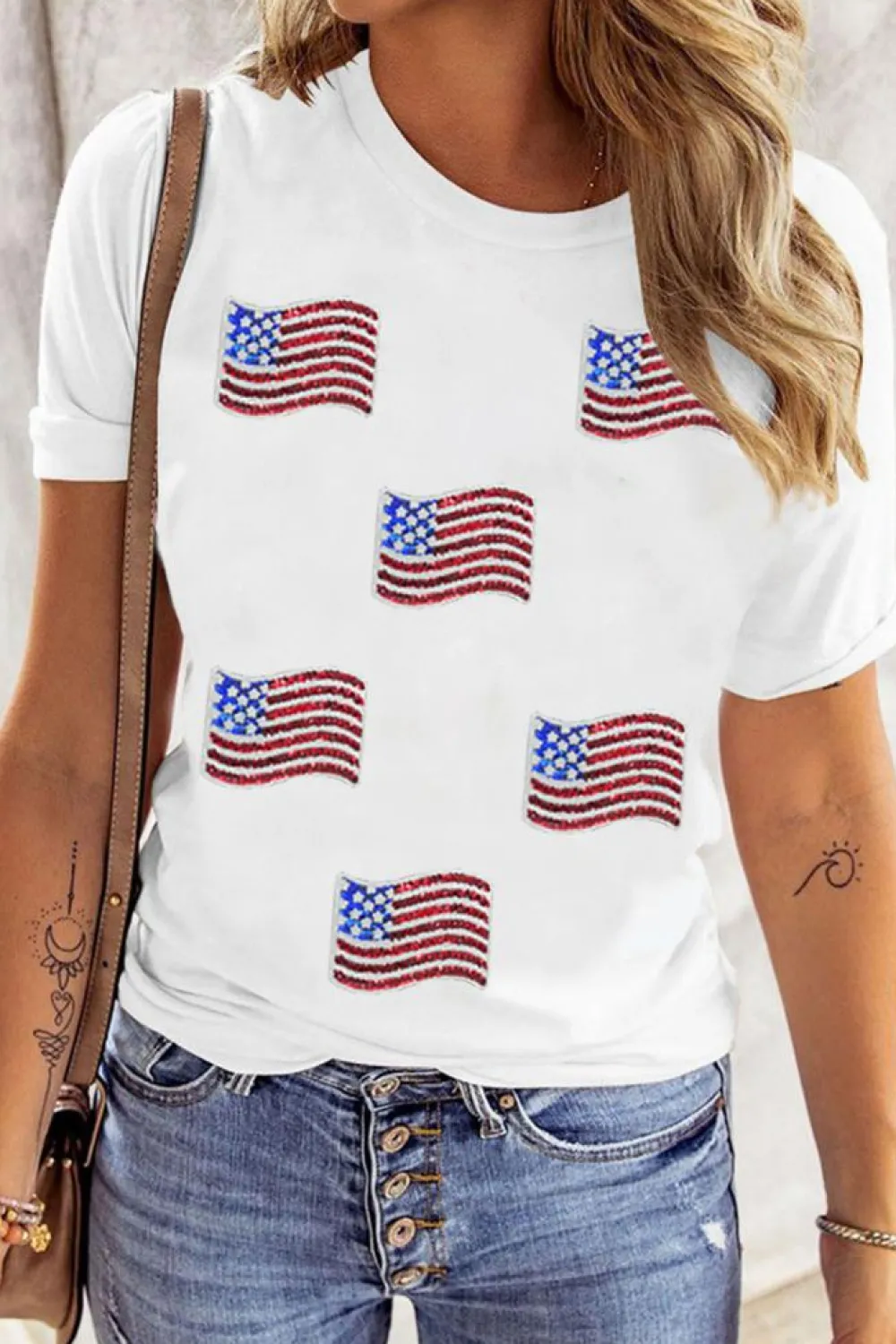Sale Dear-Lover Sequin American Flag Patched Casual T Shirt White