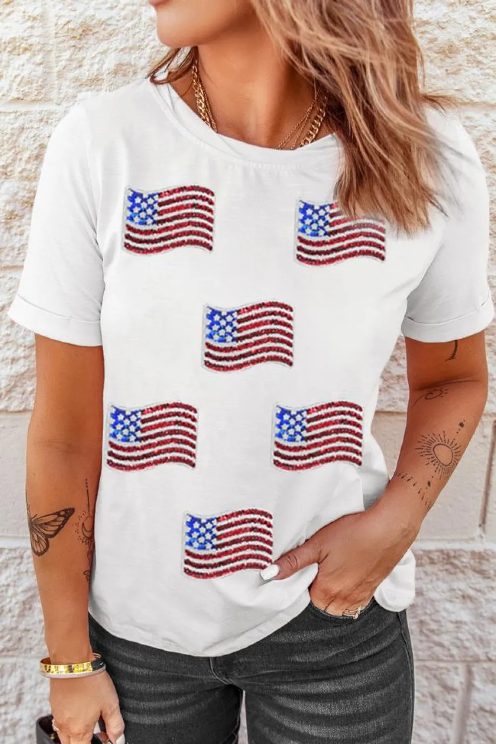 Sale Dear-Lover Sequin American Flag Patched Casual T Shirt White