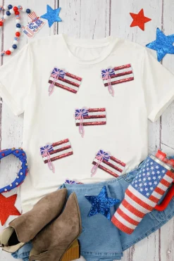 Discount Dear-Lover Sequin Bow American Flag Patched T Shirt White