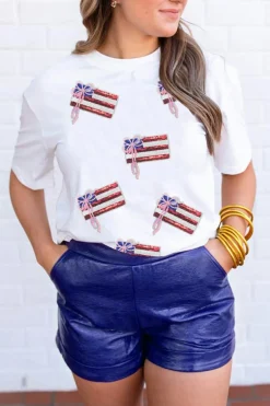 Discount Dear-Lover Sequin Bow American Flag Patched T Shirt White