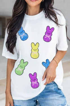 New Dear-Lover Sequin Bow Bunny Doll Patched Easter Graphic Tee White
