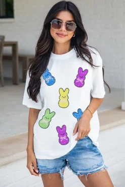 New Dear-Lover Sequin Bow Bunny Doll Patched Easter Graphic Tee White