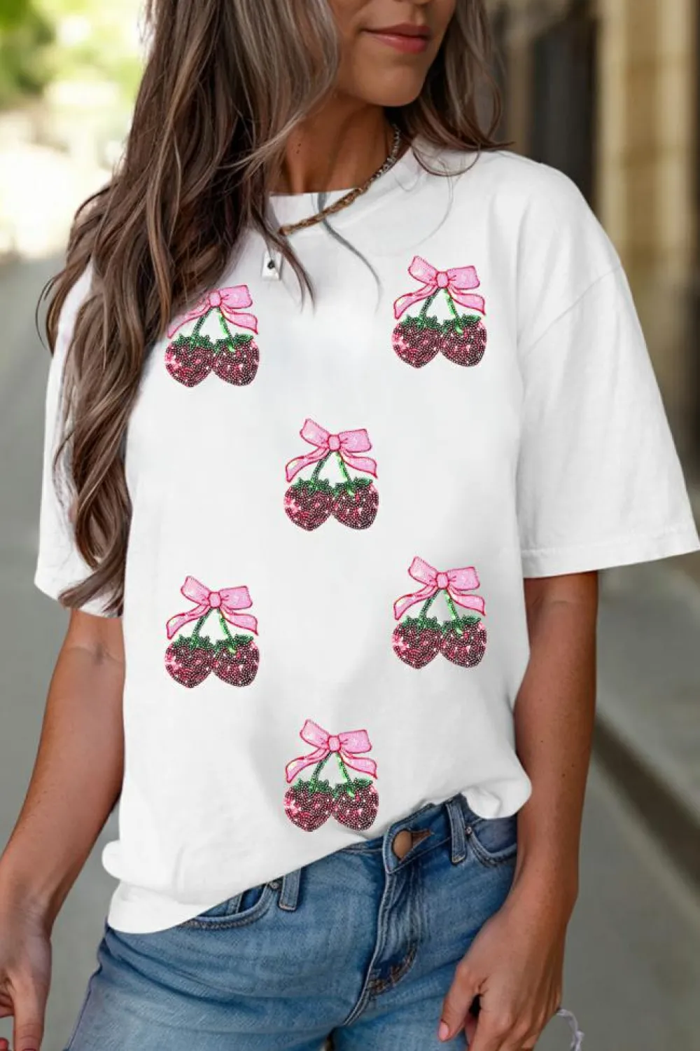 Clearance Dear-Lover Sequin Bow Strawberry Graphic Crew Neck T Shirt White