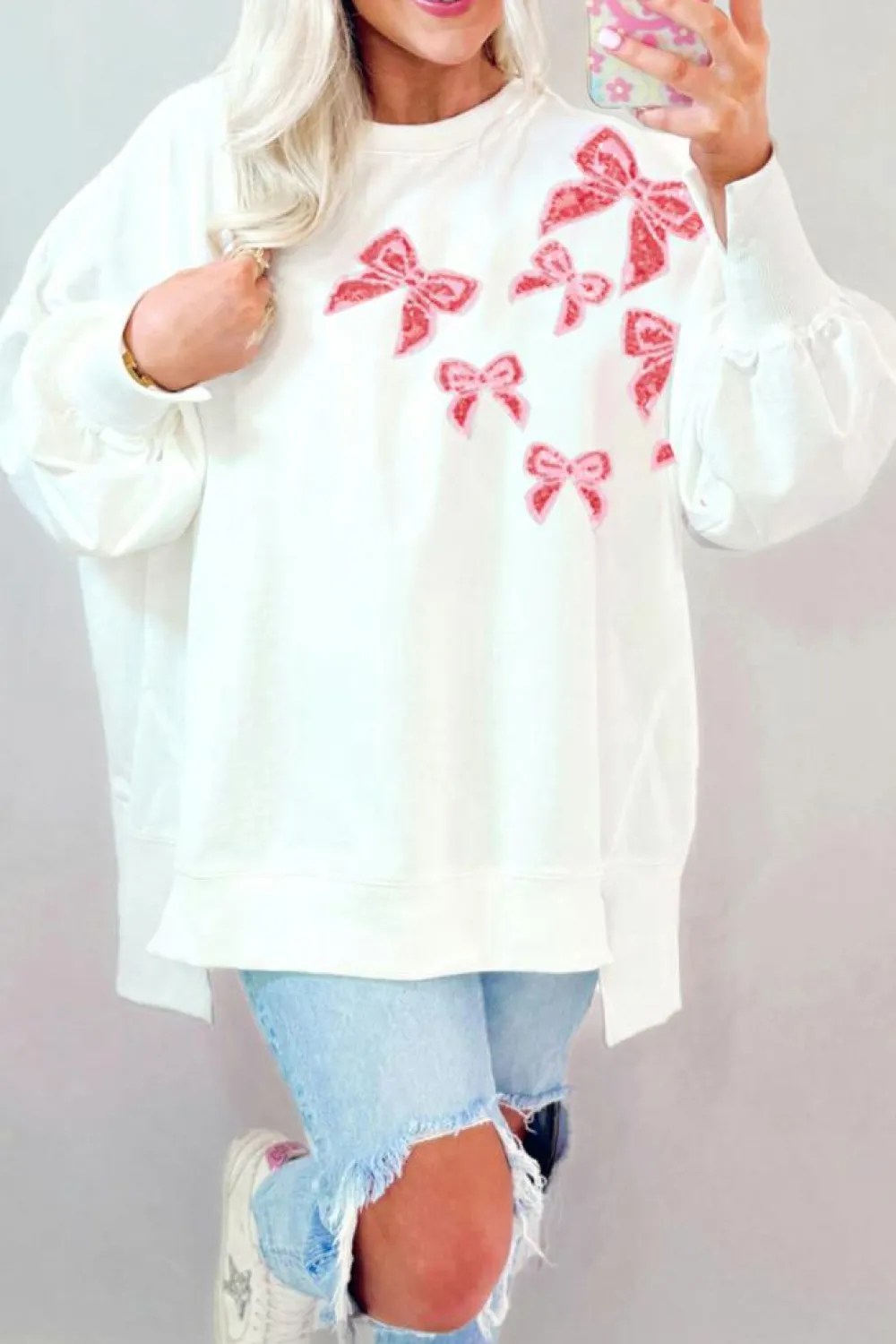 Sale Dear-Lover Sequin Bowknot High Low Oversize Sweatshirt White