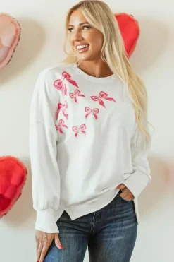 Sale Dear-Lover Sequin Bowknot High Low Oversize Sweatshirt White