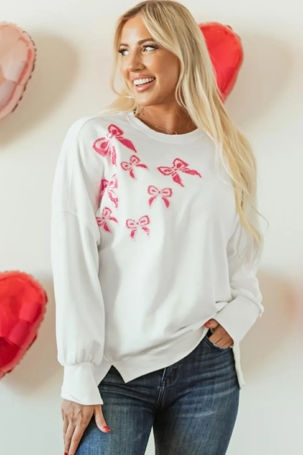 Sale Dear-Lover Sequin Bowknot High Low Oversize Sweatshirt White