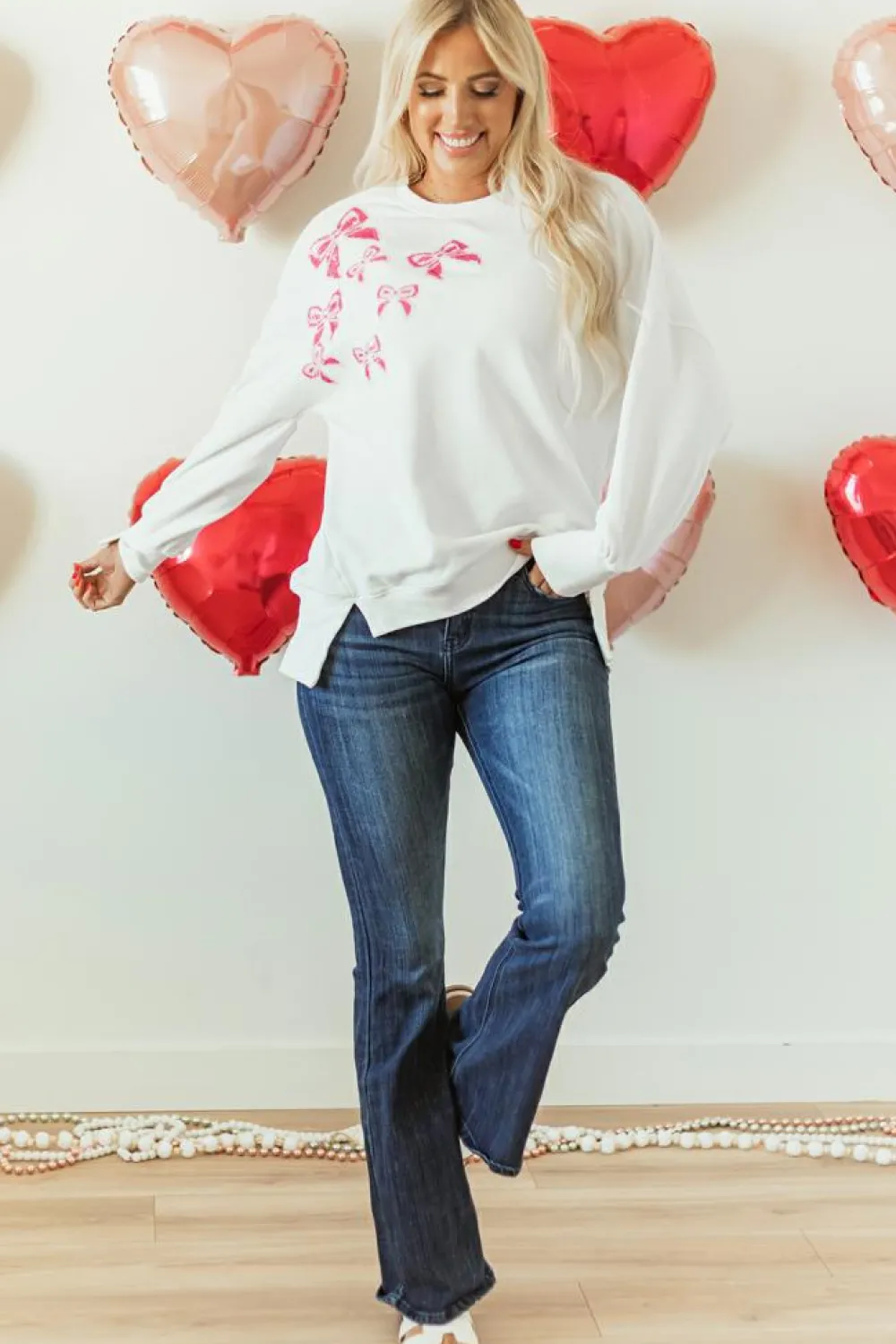 Sale Dear-Lover Sequin Bowknot High Low Oversize Sweatshirt White